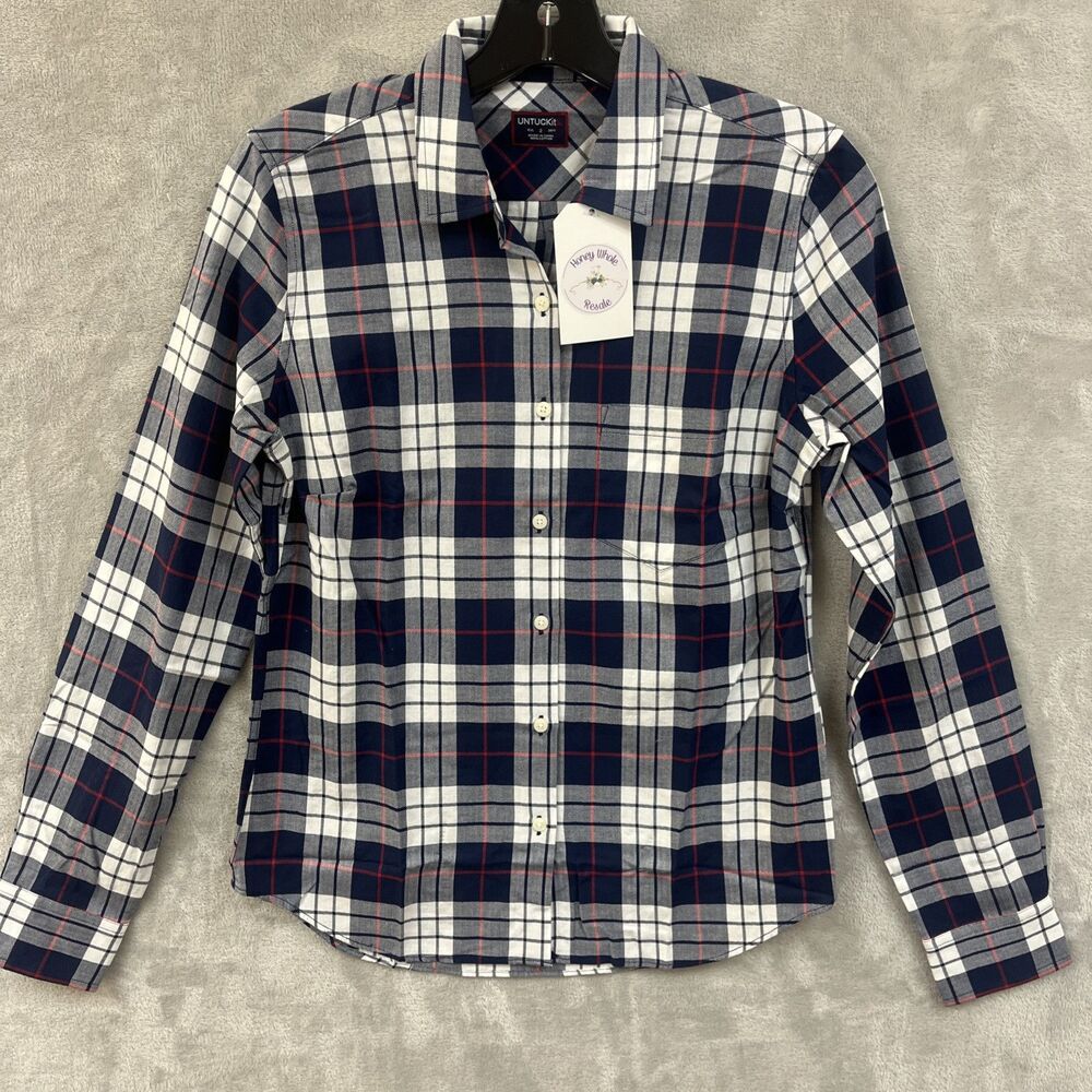 Untuckit‎ Dress Shirt Women’s 2 XS Blue Plaid Button Up Top Cotton Collared New
